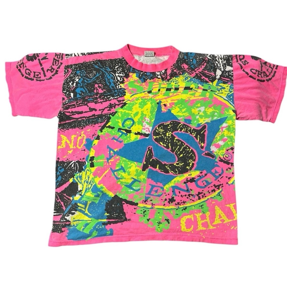 Vintage AOP Pink Neon T Shirt Champ Super Challenge Made Thailand